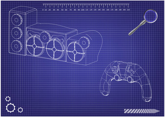 3d model of speaker system and joystick on a blue