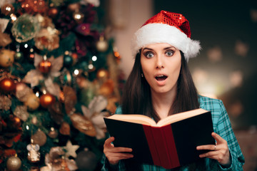 Girl Wearing Santa Hat Reading Story Tale Book 