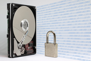 Lock on hdd or harddrive, part of computer, cyber security concept, data privacy