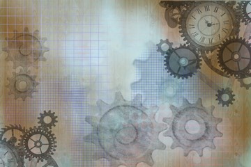 industrial abstract steampunk gears on grunge effect background, cogs wheels and clock parts - 232231357