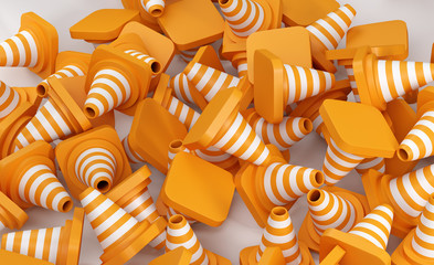 Road cones background. 3D render Illustration