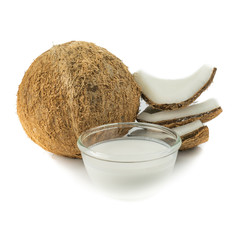 Coconut or Coconut pieces isolated on white background. Pure Coconut oil from Tropical fruit