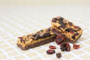 Granola bar on tan vintage pattern