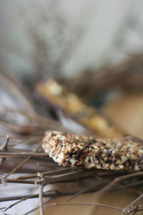 Granola bar on tree branch