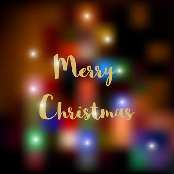 Vector illustration. Merry christmas background card with lettering and lights. Abstraction.