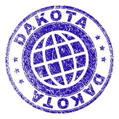 DAKOTA stamp print with grunge texture. Blue vector rubber seal print of DAKOTA caption with grunge texture. Seal has words placed by circle and globe symbol.
