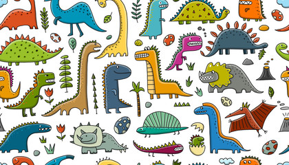 Naklejka premium Funny dinosaurs, childish style. Seamless pattern for your design