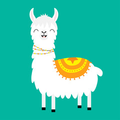 Llama alpaca. Cute cartoon funny kawaii smiling character. Fluffy hair fur. Childish baby collection. Decoration. T-shirt, greeting card, poster template print. Flat design. Green background.