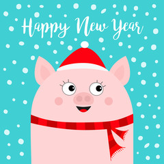 Happy New Year. Pig wearing red Santa hat, scarf. Snow flake falling down. Chinise symbol of 2019. Cute cartoon funny smiling character. Flat design. Blue background. Isolated.
