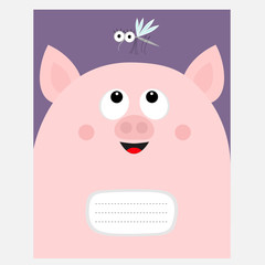 Notebook cover Composition book template. Pink pig piiggy piglet head looking at mosqito insect. Cute cartoon baby character. Pet baby collection. Flat design. Violet background.
