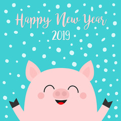 Happy New Year 2019. Pig piggy piglet face head. Hands up. Chinise symbol. Snow flake falling down. Cute cartoon funny character. Flat design. Blue background. Isolated.