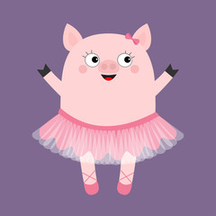 Pig bellerina. Piggy piglet ballet dancer dressed in pink skirt. Tutu dress, pointe. Hog swine sow animal. Cute cartoon funny kids baby character. Smiling face. Flat design. Violet background.