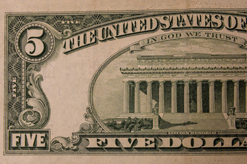 Closeup of american five dollars banknote