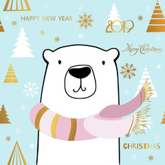 Cute Polar Bear with Merry Christmas inscription. Winter greeting card of a cute hand drawn polar bear with calligraphy phrases. New year card template