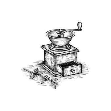 Vintage hand drawn coffee grinder vector illustration - Coffee shop logo design inspiration