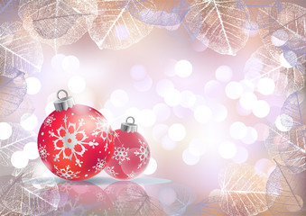 Fototapeta na wymiar Festive winter background with red holiday balls against bokeh lights and frame of hoarfrost leaves