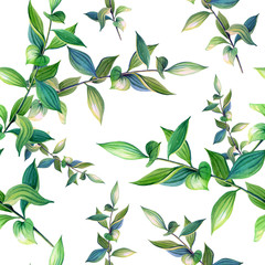 Green twig in realistic style on white background.Seamless pattern.