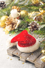 Santa Claus hat on the background of Christmas trees. Christmas decorations. New year concept