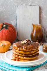 Spicy pumpkin pancakes with salted caramel topping