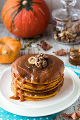 Spicy pumpkin pancakes with salted caramel topping