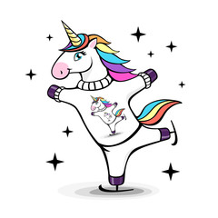 Vector illustration of fantasy skating unicorn. Cartoon style design