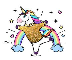 Vector illustration of fantasy skating unicorn. Cartoon style design