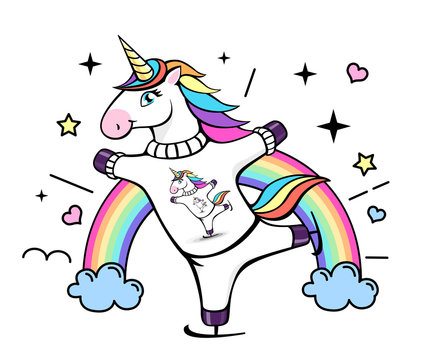 Vector illustration of fantasy skating unicorn. Cartoon style design