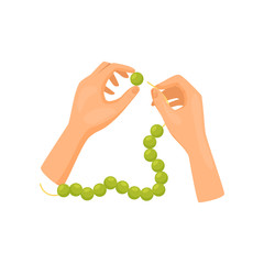 Human hands working with green beads, top view. Handmade bijouterie/jewelry. Hobby and leisure. Flat vector design