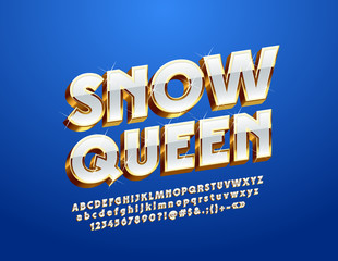 Vector Sign with text Snow Queen. Bright rotated Alphabet Letters, Numbers and Symbols. White and Golden 3D Font.