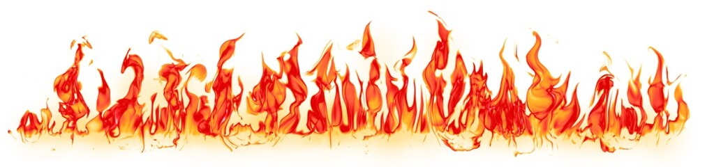 Ogień - linia ognia stworzona przez doskonałe płomienie na poziomej powierzchni - duży zestaw ognistych elementów na białym tle - 232238978
