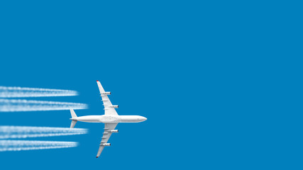 modern jet engine airplane with contrail in white color flying on blue sky panoramic aviation air travel landscape background aircraft departure airport isolated silhouette aerial corner view template