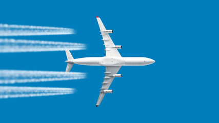 modern jet engine airplane with contrail in white color scheme flying on blue sky panoramic aviation air travel landscape background aircraft departure airport isolated silhouette aerial view template