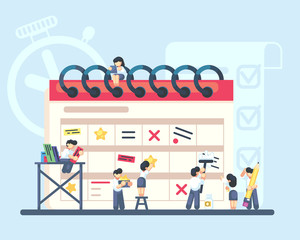 Obraz premium Planning and organization of tasks on board calendar. Group of business people make plan. Vector flat illustration