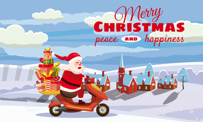 Merry Christmas and Happy New Year, Happy Santa Claus with a gifts box riding a scooter. Winter landscape background, town, snow. Christmas holiday theme design element for greeting cards, banners