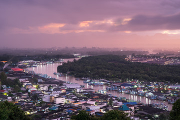 Beautiful sunset over the estuary community view from Mut Sea mountain, Chumphon, Thailand