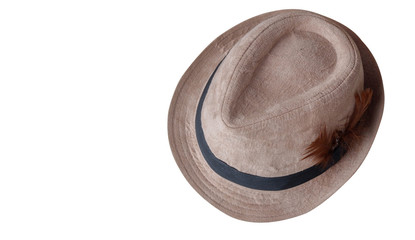 top view brown and black hat on white background,copy space