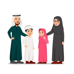 Happy Middle-Eastern Family, Father, Mother and Their Children Vector Cartoon Illustration