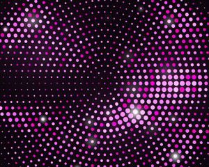 Abstract black background with retro pink glitter halftone ornament. Template luxury background with violet stamped dotted pattern. Vintage cover decorative vector design element.