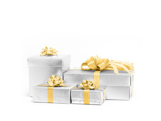 Celebration silver gift boxes with gold ribbon flower bow for decoration