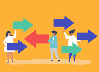 People carrying arrows in the opposite directions