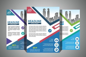 Business vector set. Brochure template layout, cover design annual report, flyer in A4 with colourful geometric shapes for PR, business, tech on bright background. Abstract creative design. 