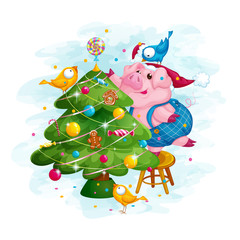 Fototapeta premium A cute piglet and three birds decorate the Christmas tree for Christmas. New Year or Christmas card. Vector illustration of a cardboard on a blue watercolor background.