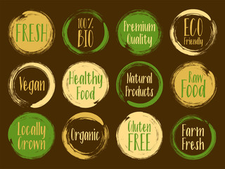 Fototapeta na wymiar Vector organic labels, bio emblems for restaurants menu, natural products packaging. Fresh, raw food, vegan, gluten free, eco friendly, premium quality, locally grown, bio organic healthy food labels.
