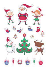 Christmas set. Cute Santa, elves and dancing animals. Childhood vector illustrations  isolated on a white background.