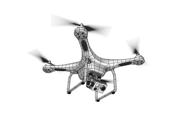 The image of a white metal quadcopter (air drone). Drone flying with action camera. Wire-frame style. 3D illustration. Isolated on white background.