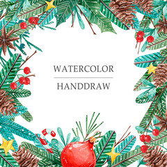 Watercolor Christmas banner with fir branches and place for text. Illustration for greeting cards and invitations.