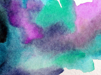 Watercolor abstract bright colorful textural background handmade . Painting of sky and clouds during sunset . Modern cosmic pattern .