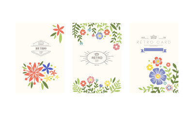 Retro cards set, design element can be used with garden flowers for greeting card, romantic wedding invitation vector Illustration on a white background