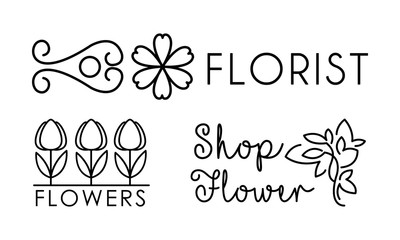 Flower shop linear logo, floral design elements for branding identity, florist salon vector Illustration on a white background