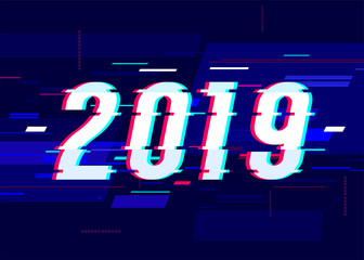 New year 2019 glitch design card. Modern colorful, creative number